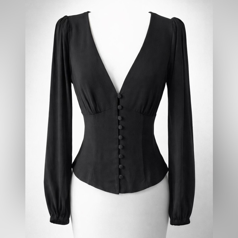 Reformation NWT Deep V Button Up Blouse, black, viscose/rayon, XS